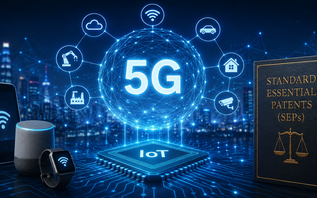 Futuristic illustration showing 5G connectivity and IoT devices linked through a digital network, with a book representing Standard Essential Patents (SEPs) and patent law