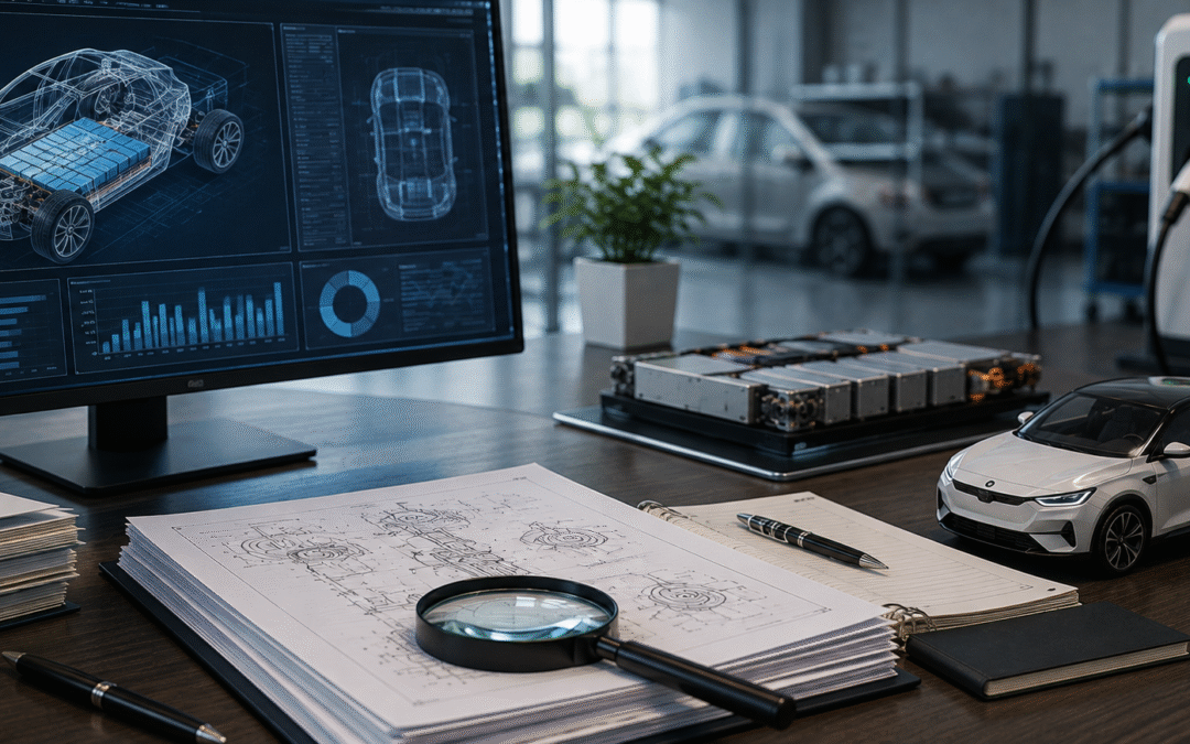 Modern EV technology workspace displaying patent documents, battery design schematics, charging equipment, and engineering models for freedom to operate analysis.