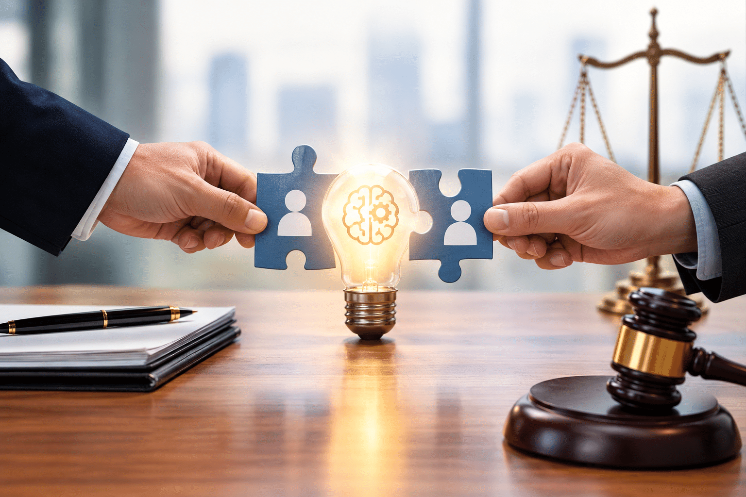 Two professionals collaborating over documents at a desk, with shared innovation and intellectual property concepts symbolized by connected puzzle pieces, representing joint inventorship and patent ownership disputes