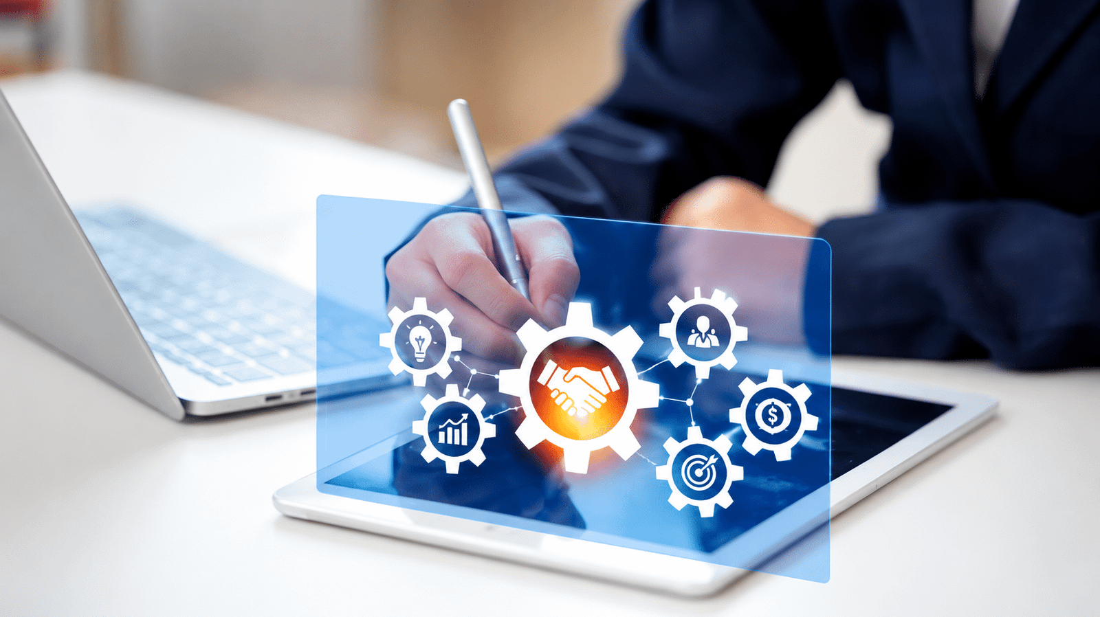 Business professional using a stylus on a tablet with a digital handshake surrounded by interconnected gears representing collaboration, financial analysis, and business mergers and acquisitions