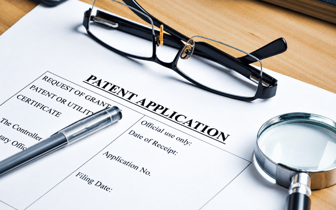 Patent application document on a desk with eyeglasses, a pen, and a magnifying glass