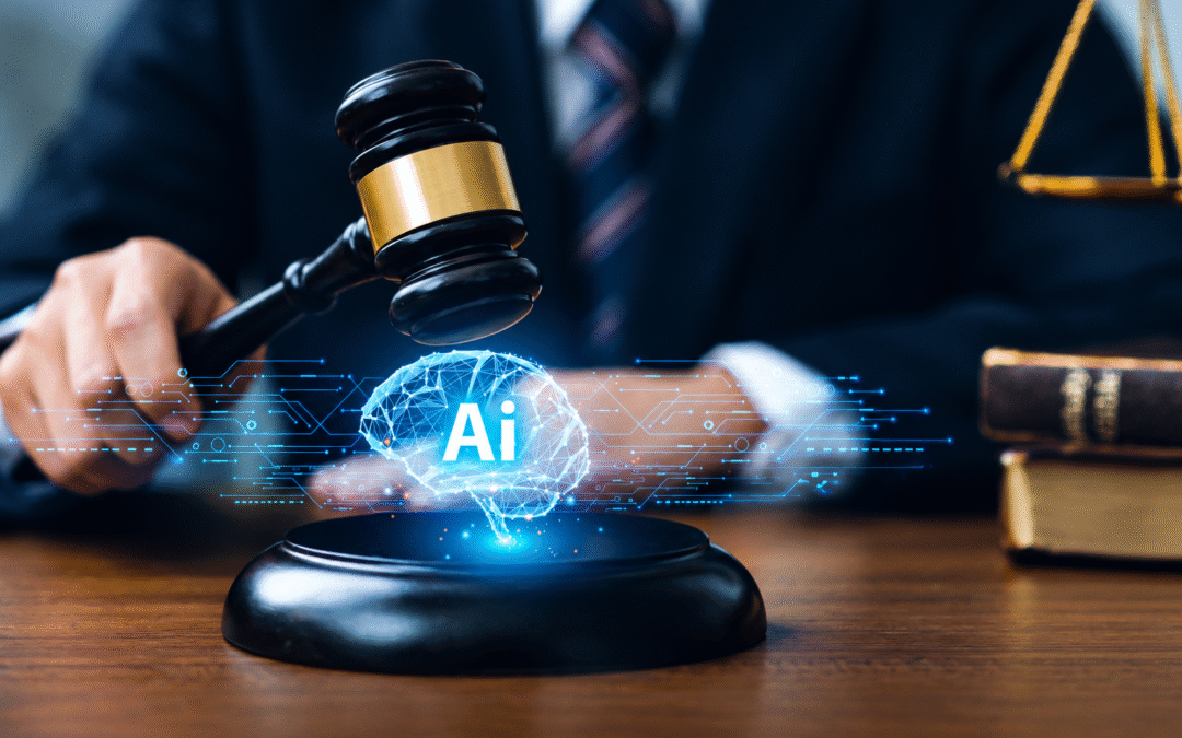Gavel and scales of justice with a glowing AI brain representing artificial intelligence in the legal field