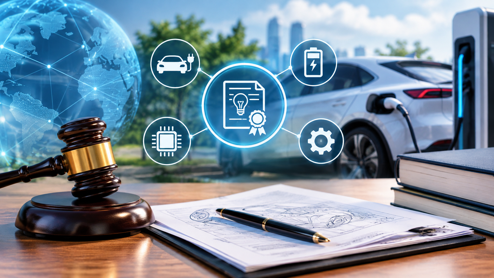 Electric vehicle connected to a charging station alongside a judge’s gavel, patent blueprint, and digital technology icons, representing standard-essential patents and intellectual property in the electric vehicle industry