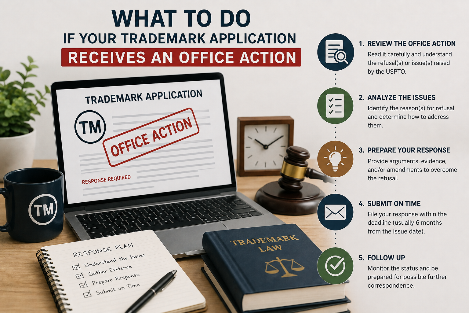 Laptop displaying a trademark office action notice, with a response deadline, checklist, trademark law book, and workflow illustrating the steps for reviewing and responding to an office action