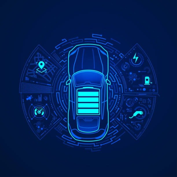 Futuristic blue illustration of an electric car with battery level and charging icons