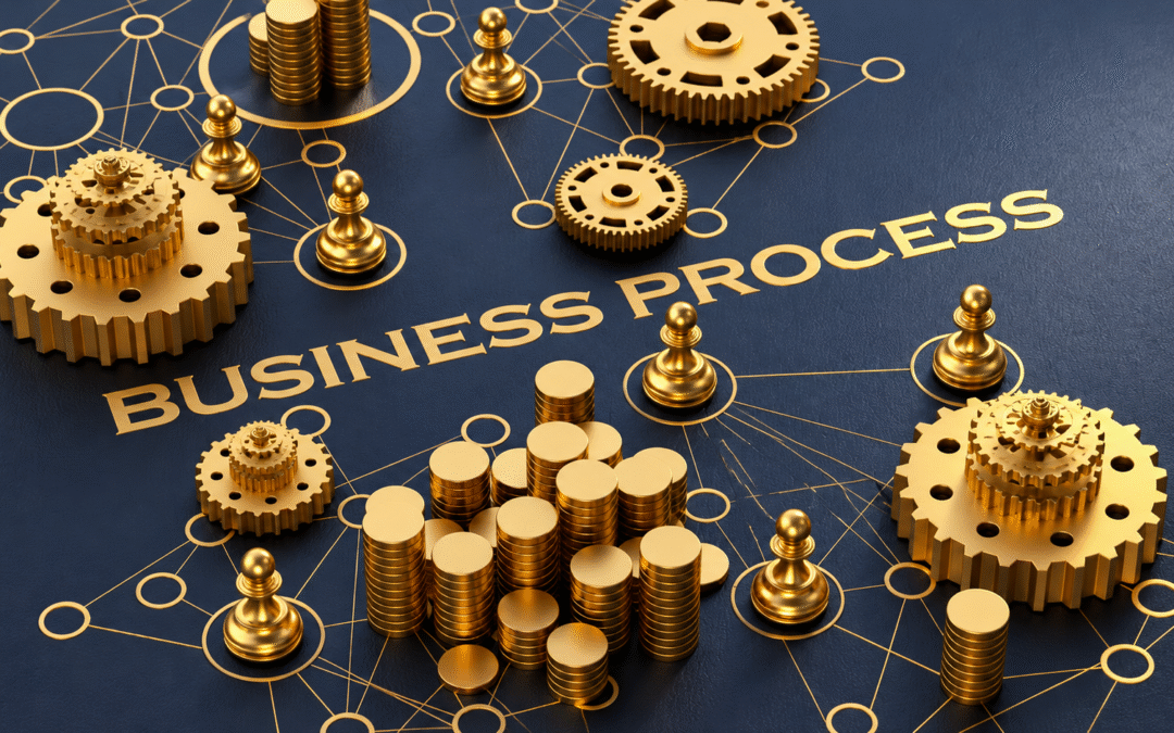 Gold gears, coins, and connected nodes arranged around the words “Business Process” on a dark background, symbolizing business operations and workflow.