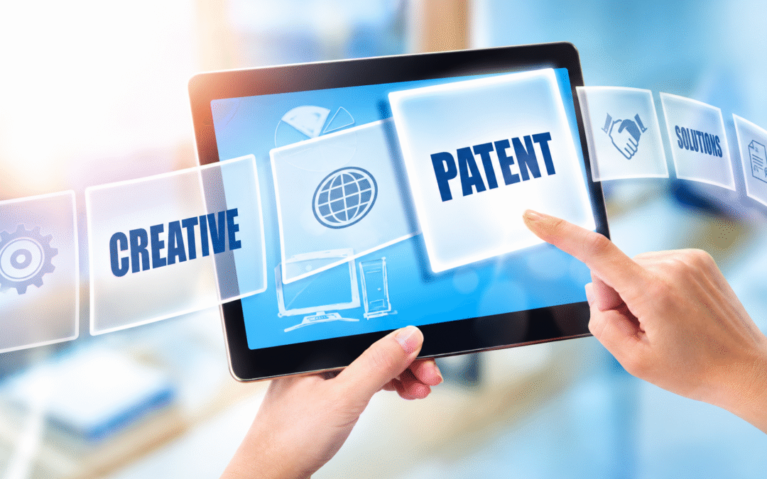 Hands holding a tablet displaying a patent concept, with floating panels representing creativity, solutions, and intellectual property