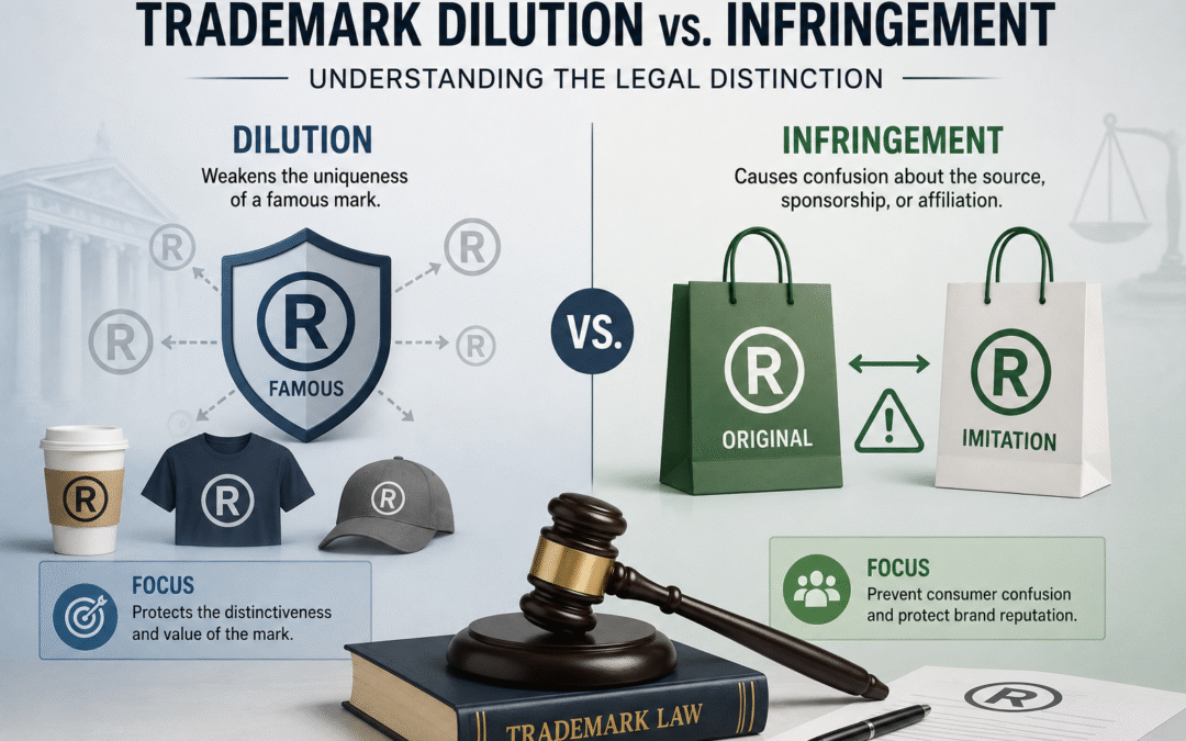 Infographic comparing trademark dilution and infringement, showing a famous trademark shield on one side and original versus imitation branded products on the other, with a gavel and trademark law book representing legal protection