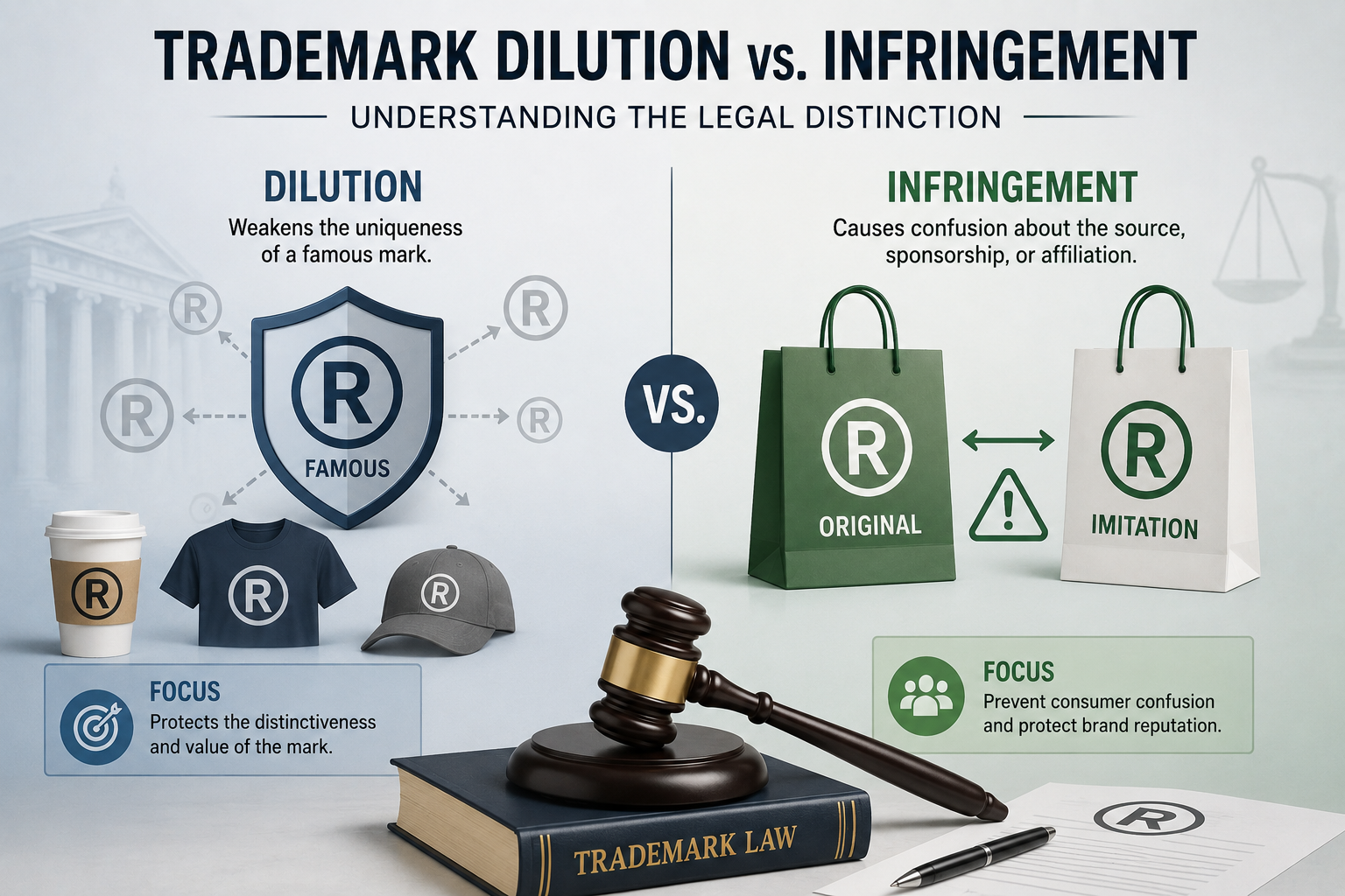 Infographic comparing trademark dilution and infringement, showing a famous trademark shield on one side and original versus imitation branded products on the other, with a gavel and trademark law book representing legal protection