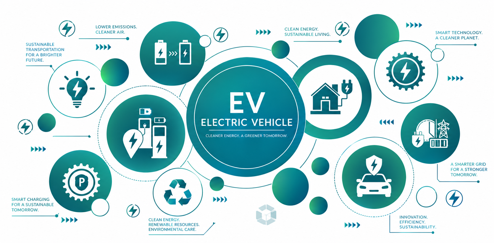 Electric vehicle infographic featuring EV charging, batteries, smart energy systems, renewable energy, sustainability, and electric transportation icons