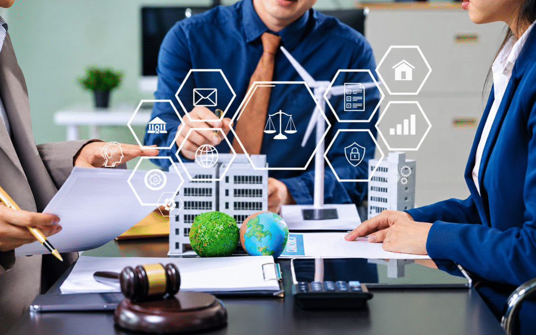 Business professionals reviewing documents at a meeting table with legal, financial, real estate, security, and sustainability icons displayed in a digital overlay