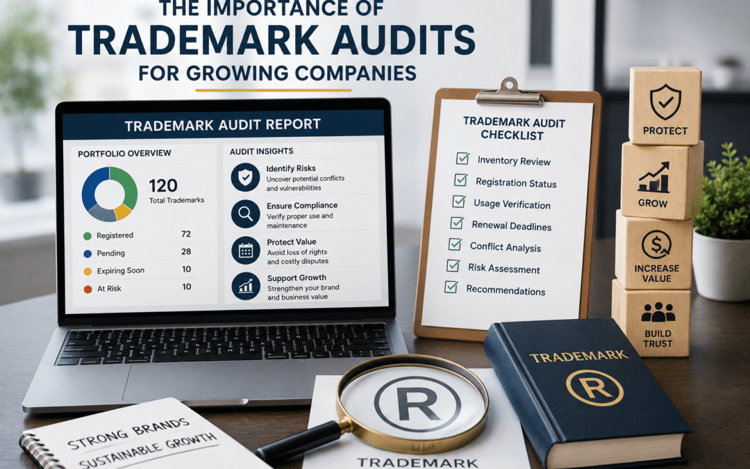 Trademark audit concept showing a laptop with a trademark audit report, audit checklist, magnifying glass over a registered trademark symbol, and blocks representing brand protection, growth, value, and trust