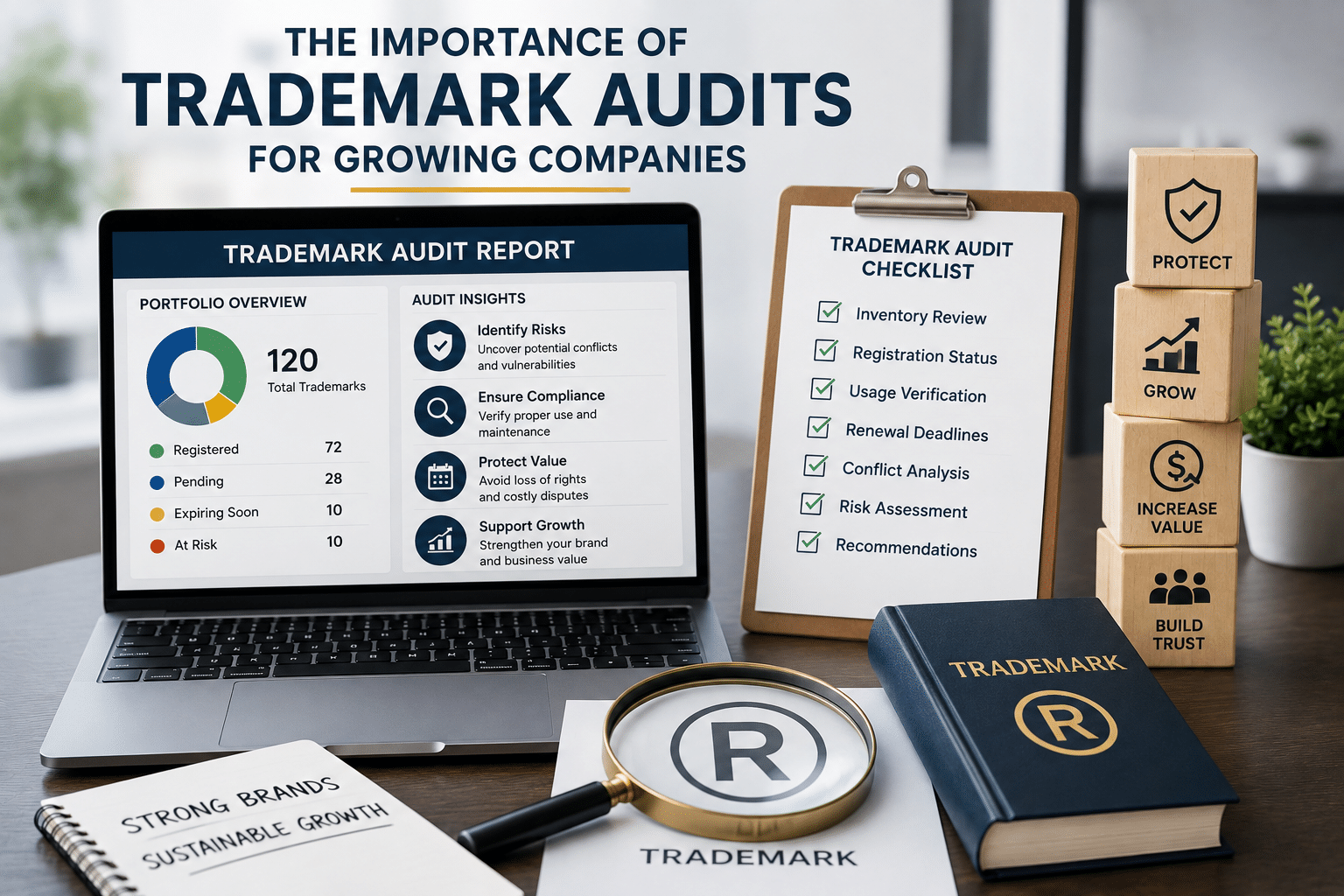 Trademark audit concept showing a laptop with a trademark audit report, audit checklist, magnifying glass over a registered trademark symbol, and blocks representing brand protection, growth, value, and trust