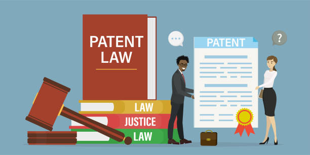 Illustration of patent law featuring a patent document with an award ribbon, legal professionals, a judge’s gavel, and books labeled patent law, law, and justice