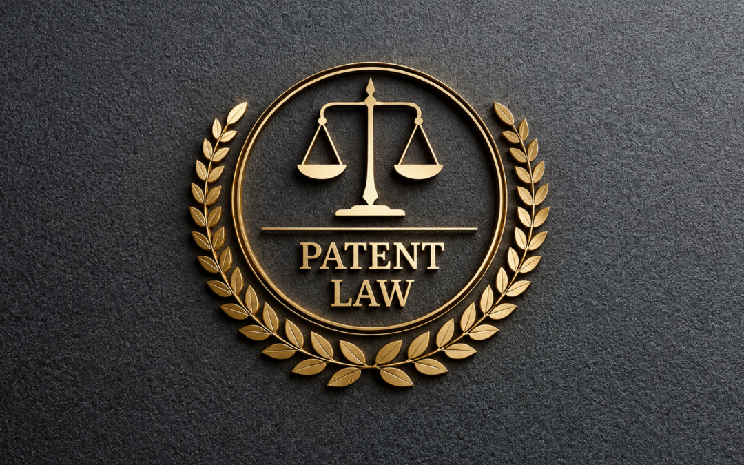 Gold patent law emblem featuring scales of justice and a laurel wreath on a dark textured background