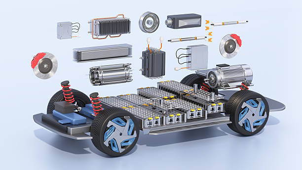 Exploded 3D illustration of an electric vehicle chassis showing the battery pack, electric motor, suspension, wheels, and other electrical and mechanical components