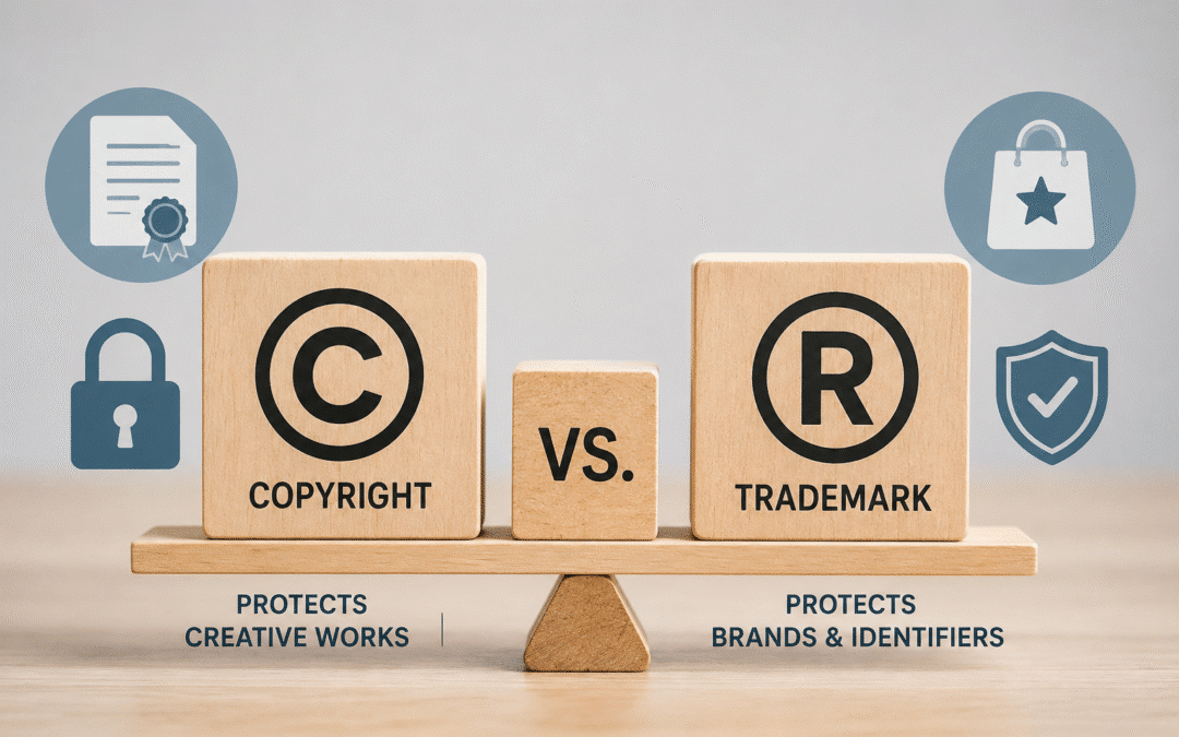 Copyright and trademark symbols displayed on wooden blocks, comparing copyright protection for creative works with trademark protection for brands and identifiers