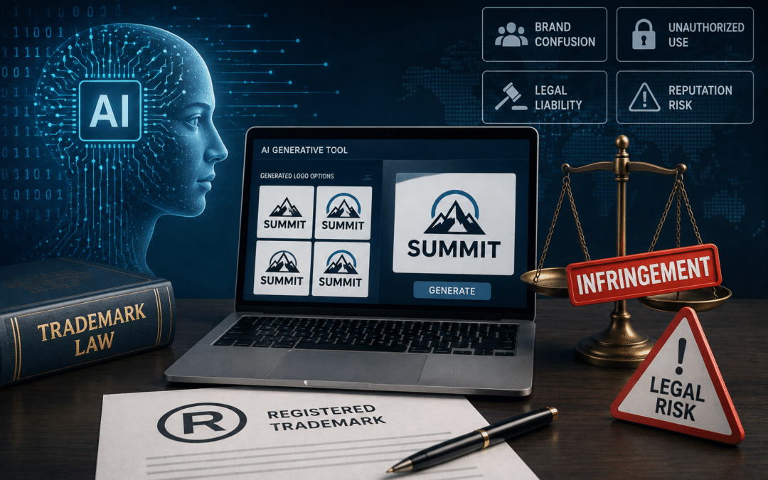 AI-generated logo designs displayed on a laptop beside a trademark law book, registered trademark document, scales of justice, and legal risk warning, illustrating trademark infringement risks for brands using AI