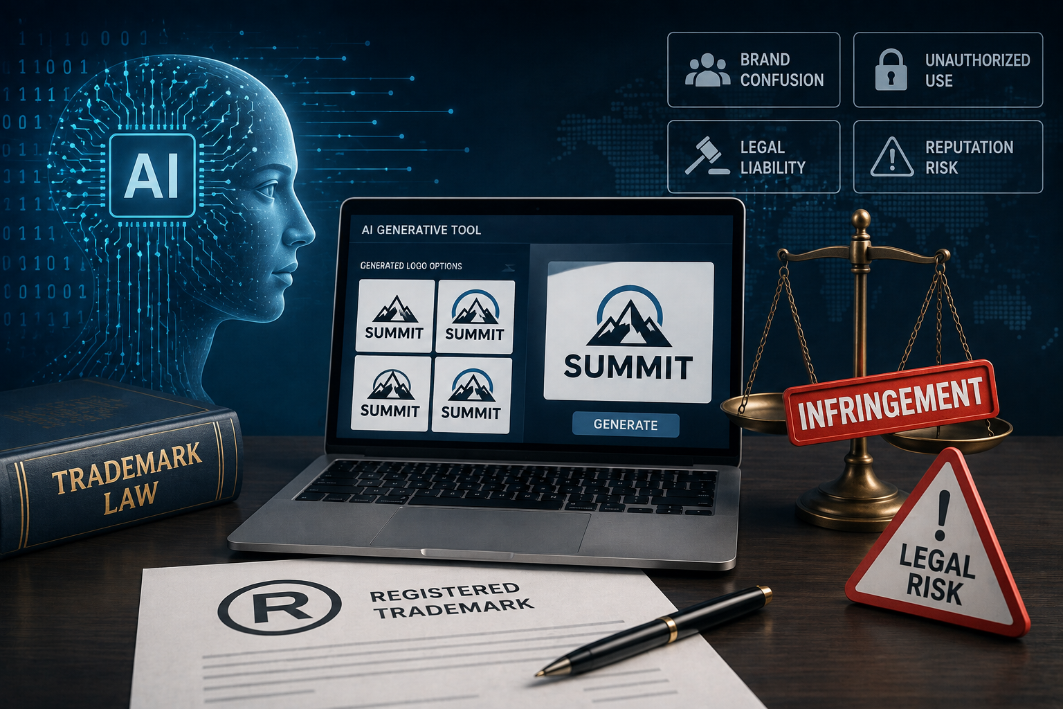AI-generated logo designs displayed on a laptop beside a trademark law book, registered trademark document, scales of justice, and legal risk warning, illustrating trademark infringement risks for brands using AI