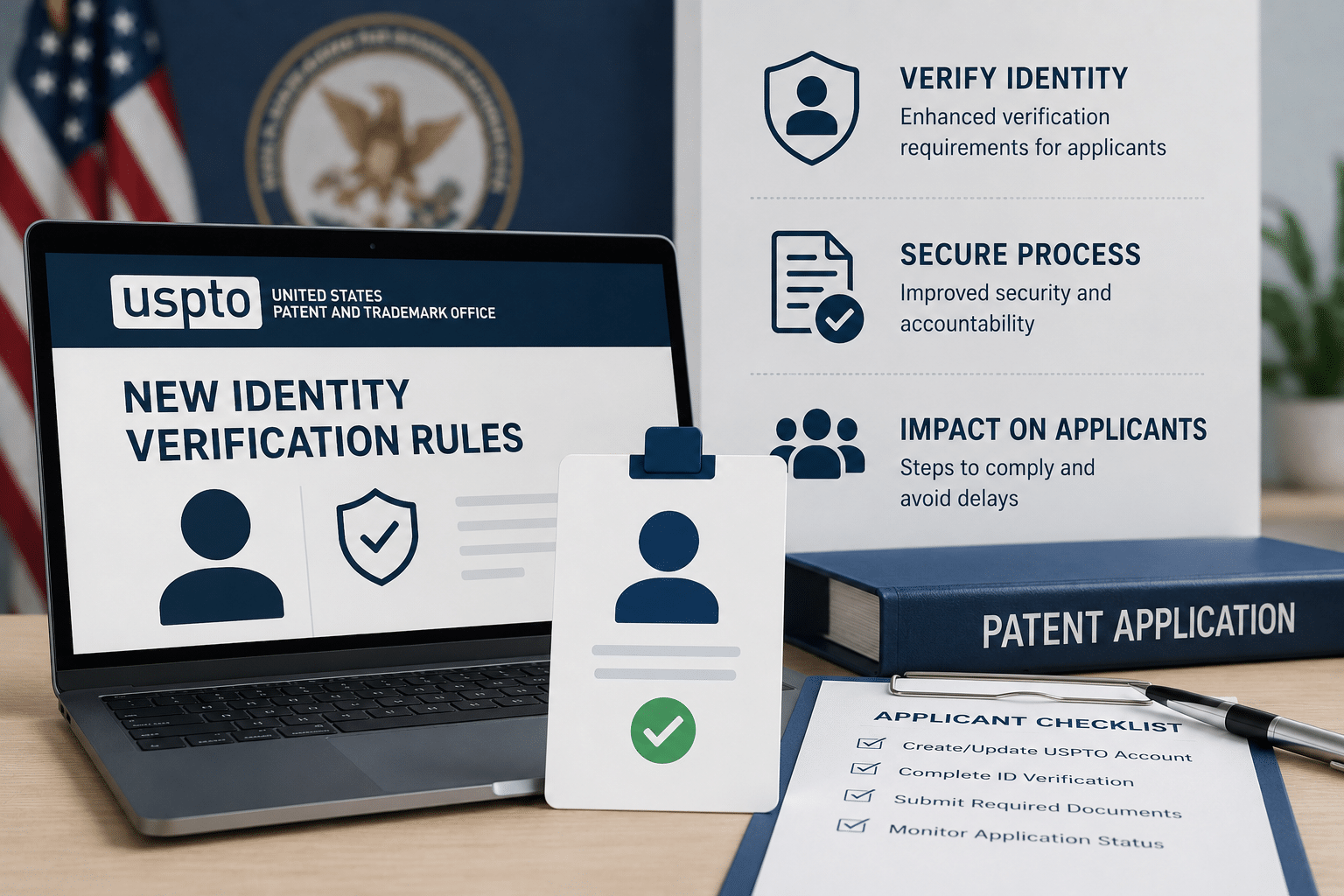 Laptop displaying new USPTO identity verification rules alongside a verified identity card, security shield, patent application binder, and applicant checklist.